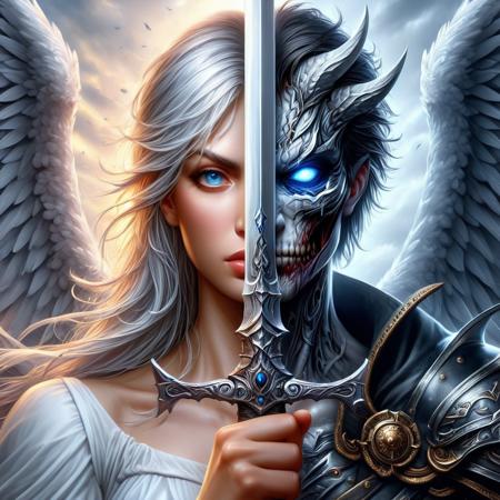 create an realistic image of a beautiful female angel holding sword infront of face, half of the face is female angel, on other half is male demon, digital art, TwoFace Blade, HD, masterpiece, best quality, hyper detailed, ultra detailed,