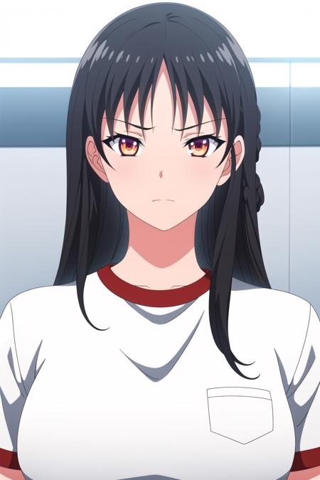 Simple White Background,
White shirt, short sleeves, 
<lora:Suzune_Horikita_YouZitsu-KK77-V1:0.7>,gym uniform, 
Orange eyes, Black hair,bangs,Long hair,hair ornament, 
<lora:Oda_Non_Style-KK77-V2:0.3>,<lora:more_details:0.1>,
1 girl, 20yo,Young female,Beautiful long legs,Beautiful body,
Beautiful Nose,Beautiful character design, perfect eyes, perfect face,expressive eyes,perfect balance,
looking at viewer,(Focus on her face),closed mouth, (innocent_big_eyes:1.0),(Light_Smile:0.3),
official art,extremely detailed CG unity 8k wallpaper, perfect lighting,Colorful, Bright_Front_face_Lighting,White skin,
(masterpiece:1.0),(best_quality:1.0), ultra high res,4K,ultra-detailed,
photography, 8K, HDR, highres, absurdres:1.2, Kodak portra 400, film grain, blurry background, bokeh:1.2, lens flare, (vibrant_color:1.2),professional photograph,
(Beautiful,large_Breasts:1.4), (beautiful_face:1.5),(narrow_waist),