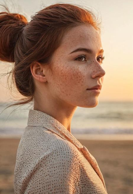 A beautiful photo of a beautiful 20 years old Dutch woman, full body, sideview, incredibly pretty narrow nose, fit, highly detailed face, highly detailed skin, freckles, brown hair, red hair, big hair, medium hair, 70's style hair, ponytail, brown eyes, perfect eyes, detailed eyes, detailed pupils, happy, slightly smiling, black bikini, on the beach, soft light of the sunset, soft natural light, hyperrealism, sharp focus, (masterpiece, best quality, ultra high res:1.2), (photo-realistic:1.3)