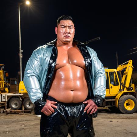 realistic photo, raw photo, heavy weight class, 100kg+, overweight, large muscles, Asian bodybuilder, masculine square face, thin eyebrow, narrow eyes, bullbutton round nose, thin lips, serious expression, shiny sweaty face,
A safety guard is wearing a glossy plastic high-visibility insulated jacket over a shirt and high-visibility thermal overpants over pants. He is holding a guide light at a construction site, directing traffic at night. The background is illuminated by streetlights and construction equipment lights.
hyper detail, face detail, cloth detail, high resolution, UHD, 8K, high contrast, HDR