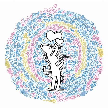 Keith Haring,line art,masterpiece,fantasy,subject,8k uhd,high quality,dreamlike,simple_background,heart_background,abstract_background,(multicolored_background),