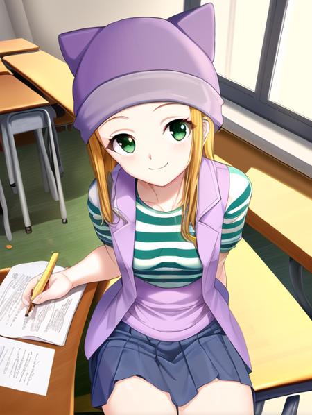 best quality, masterpiece, highres, detailed, perfect anatomy,  <lora:Detail - add_detail:0.2>, orimotoizumi, purple vest, striped shirt, beanie, cat hat,  school, studying, smile, <lora:Izumi-10:0.8>, green eyes, sitting, small breasts, skirt,