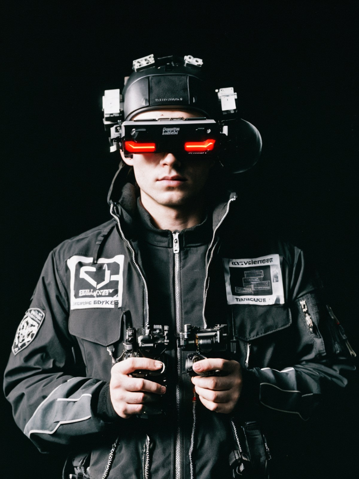 film grain analog photography,cyberpunk, futuristic, person, augmented reality headgear, tactical helmet, night vision gog...