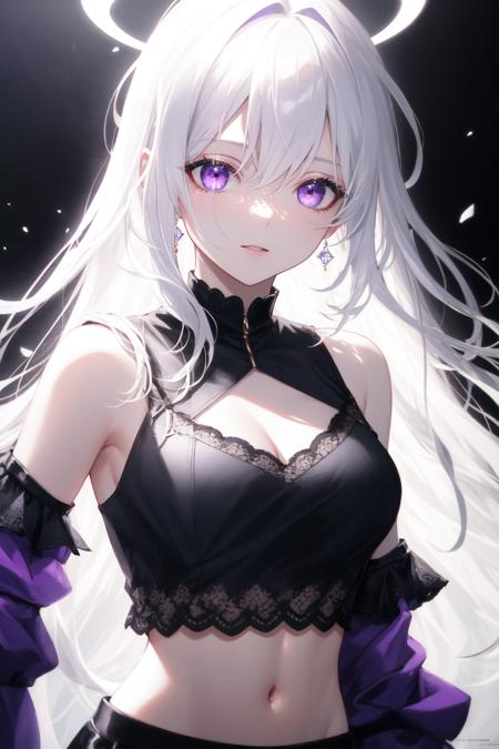 best highres, best highest quallity, illustration, cinematic light, ultra detailed, detailed face, {detailed eyes}, best quality, hyper detailed, masterpiece, (detailed face), white hair, purple eyes, highest details, luminous eyes, medium breats, black halo, white clothes, backlighting, (midriff:1.4), light rays, (high contrast), (colorful),