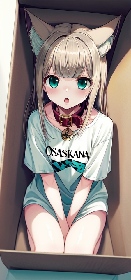 1girl, solo, a little girl with a shirt that says osakakana, cat ears, aqua_eyes, blond hair, t-shirt, oversized_shirt, red_collar