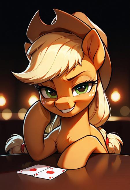 score_9, score_8_up, score_7_up, zPDXL3, high details, masterpiece, my little pony, 1girl, solo, (feral:1.0), (pony), anatomically correct, volumetric lighting, eye lashes, lidden eyes, (perfect eyes:1.1), cute, youthful, adorable, zPDXL3
BREAK applejack, feral pony, cowboy hat, holding cards, playing cards:1.4, looking at viewer, smirk, smug, behind casino table