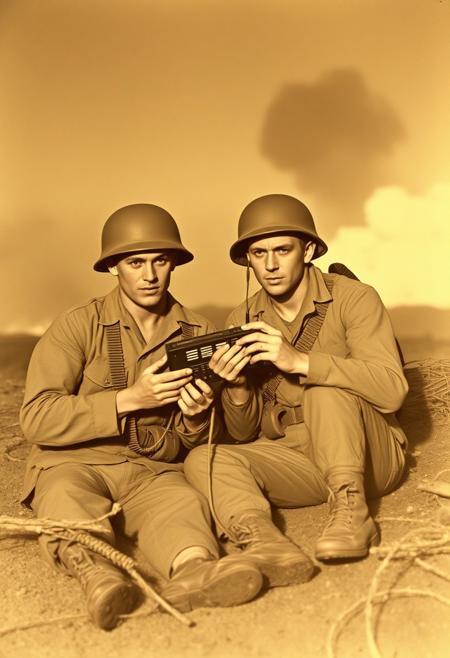 A faded sepia Photograph of a USMC marine and his friend in ww2 on Iwo jima using a field radio while under direct fire from enemy gund and mortars.  Both are wearing standard marine uniforms   Explosions and smoke are in the background. Both men are taking cover