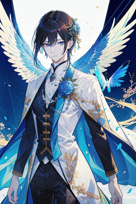 masterpiece, best quality, 1 male, adult, handsome, tall muscular guy, broad shoulders, finely detailed eyes and detailed face, extremely detailed CG unity 8k wallpaper, intricate details, angelic messenger, feathered wings, celestial realm, divine messages, Grace, Purity, Compassion, depth of field