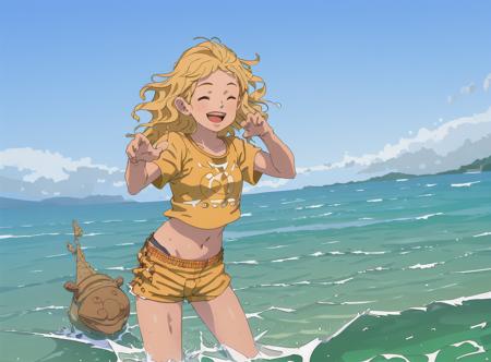 (best quality, masterpiece), 1girl, paw pose, smile, laughing, ocean, crop top, shorts, blonde, freckles, blush, looking at viewer, wavy hair, cloud, splashing, waves, sun, mountain, wet,<lora:Flat_illustration:0.8>