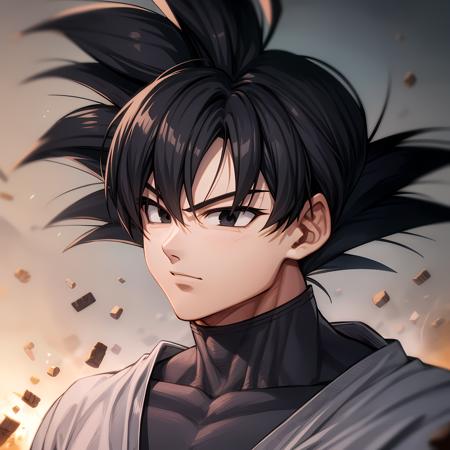 ((masterpiece, best quality)),(complex light), 1boy,solo,upper body, goku black,black hair,black eyes,  <lora:goku_black1-10:0.8>,destroyed debris background,