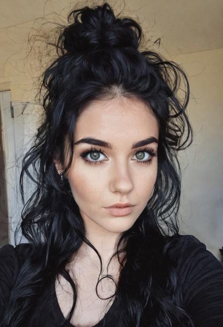 instagram photo, photo of a 25 y.o lady, messy black hair, Perfect detailed eyes, natural fair skin, gothic look