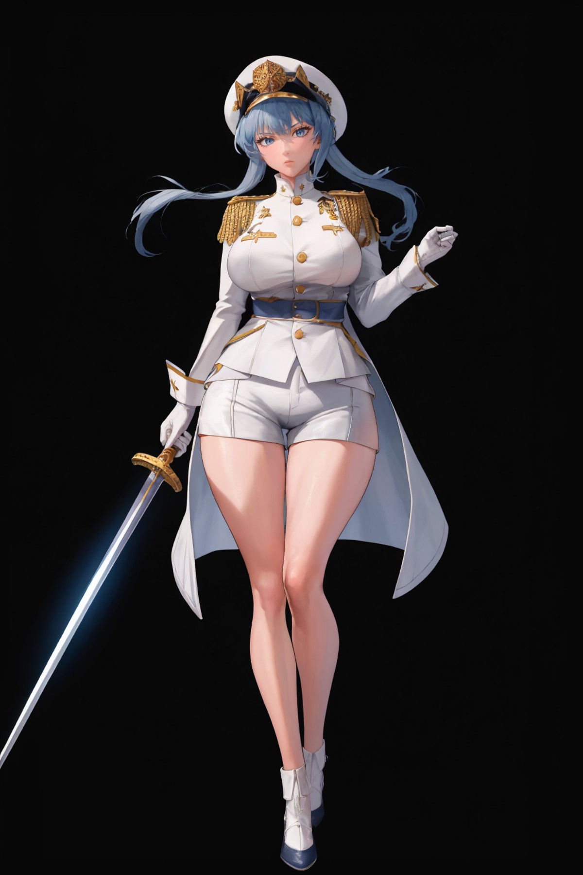 masterpiece, best quality, 1girl, solo, standing, <lora:helm-nikke-richy-v2:1> helmdef, hat, military, white shorts, white...
