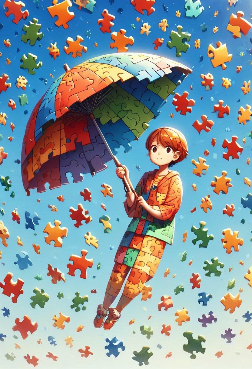 score_9, score_8_up, score_7_up, score_6_up, ((puzzle_morph_rks)), 1girl, source_anime, holding umbrella, looking up, puzzle pieces falling from the sky
