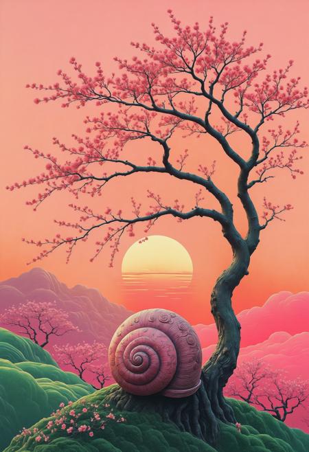 Old school Japanese style, a snail shell resembling a blooming cherry blossom tree, vibrant pink and green hues, intricate details of the shell's texture and the blossoms, masterful lighting creating a warm and nostalgic atmosphere, a breathtaking background of rolling hills and a vibrant sunset, minimalist , <lora:Clean_Minimalist_Illustrious:1.0000000000000002><lora:acid_illustration:0.5000000000000001>