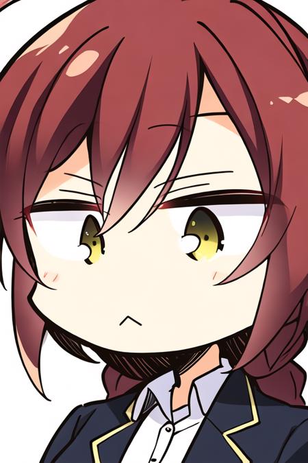 illustration, high res, masterpiece, best quality, simple background, upper body, 
1 mature woman with red hair and sidelocks and 1 high braid tail and  white shirt and black tie , yellow ring eyes, closed mouth and [expressionless],chibi