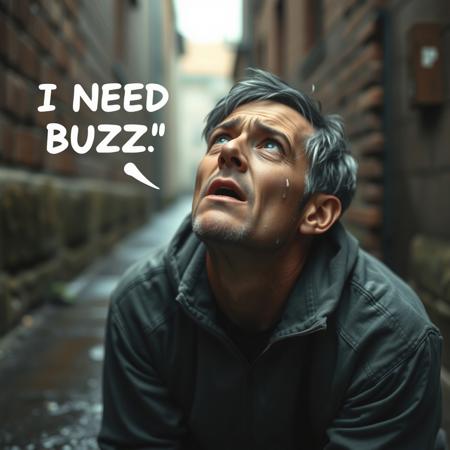 masterpiece, solo, poor man kneeling and crying, looking up at the sky, mouth open, ((man is saying the words text "I NEED BUZZ")), (dark grey hair), light grey skin, pretty blue eyes, sad eyes, tears in eyes, frowning, raining, in an alleyway, begging, homeless