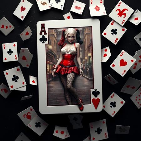 Digital photo featuring a playing card. The layout centres on a large card, with a lifelike embossed picture of Harley Quinn pictured on it. She wears an elaborate, white fitted bodice with a red mini skirt and black fishnet stockings. The background of the card is a Gotham street scene. Surrounding the card are smaller playing cards, seemingly floating and swirling in disarray around her, adding a dynamic sense of motion. The background is an inky black sky with stars. The Joker symbol is prominently displayed on the top left and bottom right corners of the card.