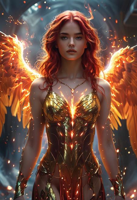 In Casey Baugh's evocative style, 1girl, solo, art of marvel Jean Grey woman in her Phoenix form, surrounded by flames,  long fiery red hair, ornate golden jewelry diadem, lips slightly parted, realistic detail, glowing phoenix aura blazing around her, fiery wings of flames unfurling, blurry background of cosmic debris, set against a cosmic background, captured in analog film grain, 4k, intense and dramatic, vintage look, <lora:Mystic_Lumina_r1:0.7>  , award winning art, marvel jean grey woman, <lora:marvel jean grey woman 1a:0.8>