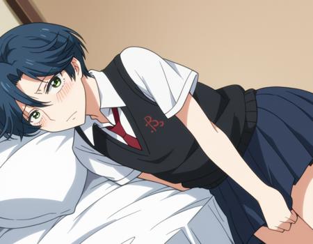 yuu kashima, short hair, green eyes, blue hair, androgynous, reverse trap, skirt, school uniform, pleated skirt, necktie, sweater vest,