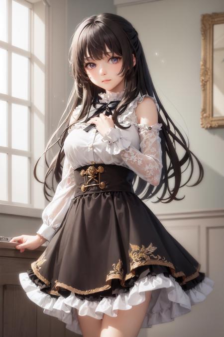 (masterpiece, best quality:1.2), <lora:bangdream_shirokane-10:1>, cowboy shot, solo, 1girl, shirokane rinko, expressionless, closed mouth, (hand on own arm:1.2), frilled shirt collar, black neck ribbon, frilled sleeves, high-waist skirt