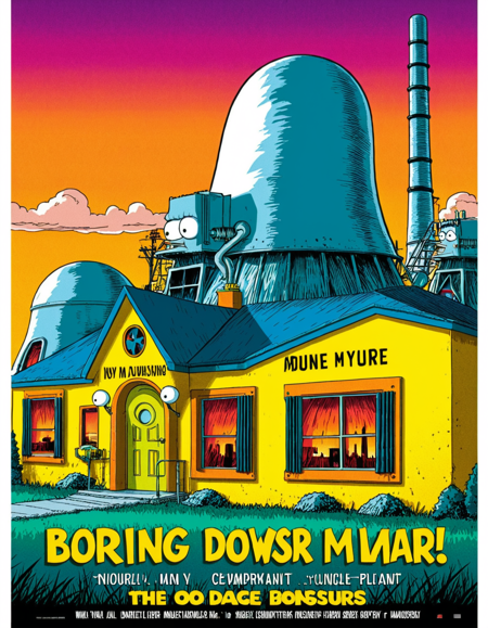 t1md0yl3, movie poster, 
the simpsons,  vibrant colors,  outdoors scenery,
houses, wide shot, nuclear power plant, sunset,
white border, 
<lora:tim_doyle-SDXL-v1:1>