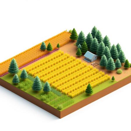 (isometric view,miniature:1.5),CG,8k,3d,gradation,summer,(farm,flower, wheat field, corn field, forest)
