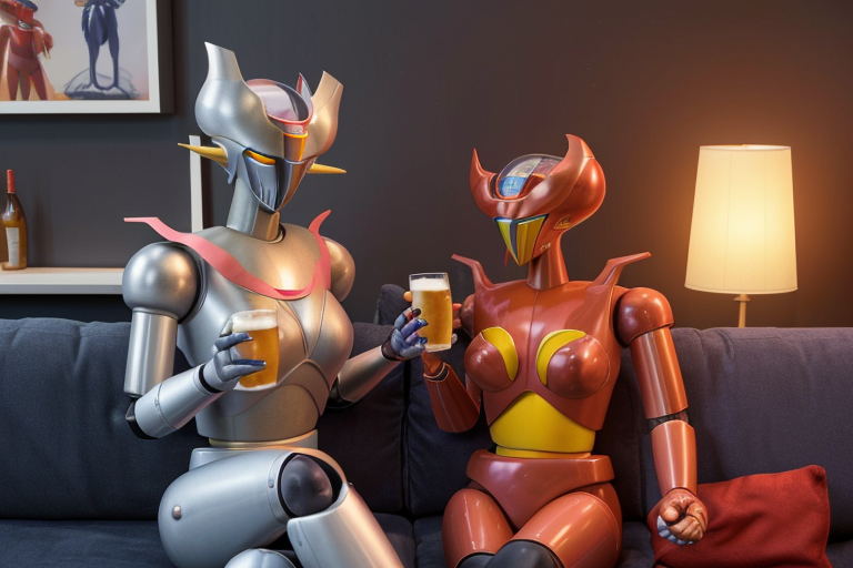 , a couple masterpiece photo of (afrodit4 robot ) cooking ,3d render, volumetric lighting, photorealistic <lora:Mazingery02:.7> (Mazinger robot sitting on the couch having a beer)