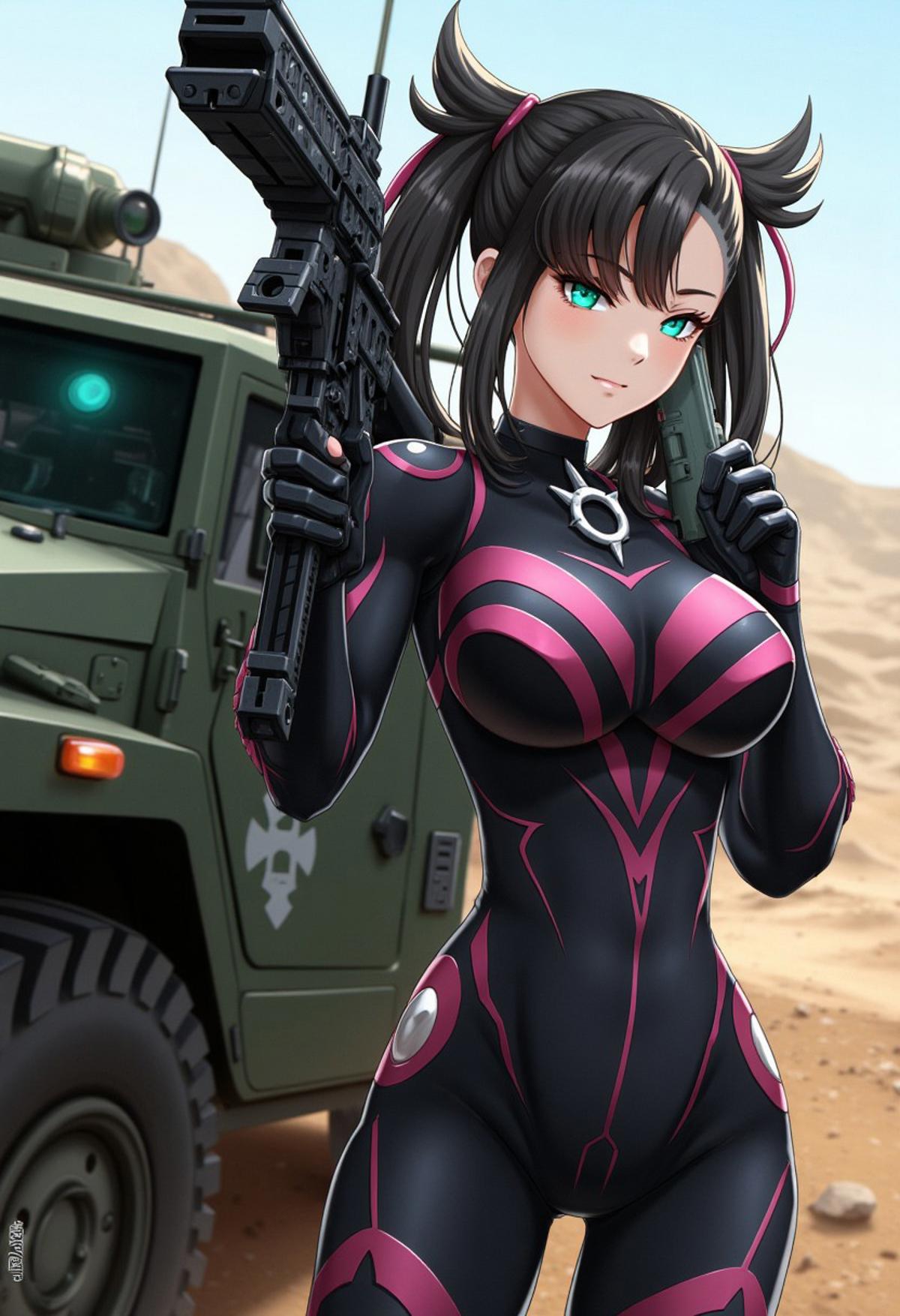 Highly detailed anime style picture. 
great lighting, intricate detail, beautiful, stunning space marine, zzMarnie with aqua eyes wearing a choker, skin-tight black body armor with pink accents, holding assault rifle, aiming at viewer, standing next to armored vehicle on a rocky, dusty planet surface,  High Detail, Perfect Composition, movie scenes, highly detailed. lighting, sharp contrast