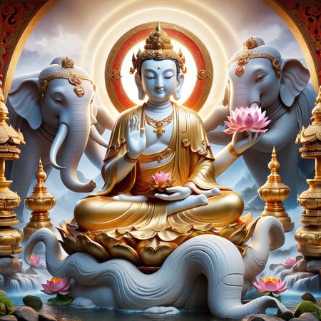 <lora:SDXLä½åæ®è³¢è©è©:0.6>,Images,A compassionate and wise-looking bodhisattva statue with a serene and tranquil expression,eyes full of mercy,smiling lips,and calm eyebrows. The bodhisattva is in a graceful and peaceful posture,could be sitting in meditation signifying inner enlightenment,or standing actively symbolizing the effort to save sentient beings. Include intricate hand gestures like Abhaya Mudra,Dhyana Mudra,and Dharmachakra Mudra with their specific meanings. The bodhisattva is dressed in elegant,ornate garments such as silk robes and jeweled adornments,symbolizing nobility and purity. Accessories like a Five Buddha crown,earrings,and necklaces should have symbolic significance. Accompanied by various ritual implements like a lotus flower,a treasure vase,a Dharma wheel,and scripture scrolls,representing the teachings and the compassionate will to save others. The background features a throne,auspicious clouds,and a halo,creating an atmosphere of transcendence and sacred dignity. The color palette is vibrant yet harmonious,reflecting the peace and beauty of the Buddhist realm. The style should reflect the flowing lines and vivid imagery of Han Buddhist bodhisattvas,with the rich colors and intricate decorations of Tibetan Buddhist representations.,<lora:Samaritan 3d Cartoon SDXL:0.3>,white elephant,, masterpiece,best quality,ultra high res,mini_world,the mini world composed of ancient architecture and a mountain  and waterfal and river and bridge,vivid color,c4d,potted plant_style,<lora:å¾®ç¸®ä¸ç(è¸å±±è½æµ·):0.3>,