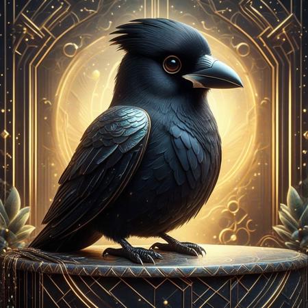 digital painting of a modern edge cute bird raven entirely made of retro sophistication texture, whimsical and magical atmosphere, soft lighting, highly detailed and stylized, concept art for a vintage charm-themed universe