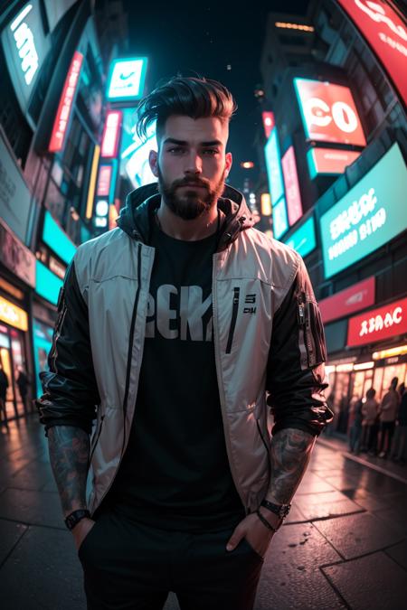 (masterpiece, best quality), 1boy, muscular, beard, cyberpunk, (blurry, bokeh, fisheye lens), night, looking at viewer, contrast, contrapposto, neon oversized jacket,