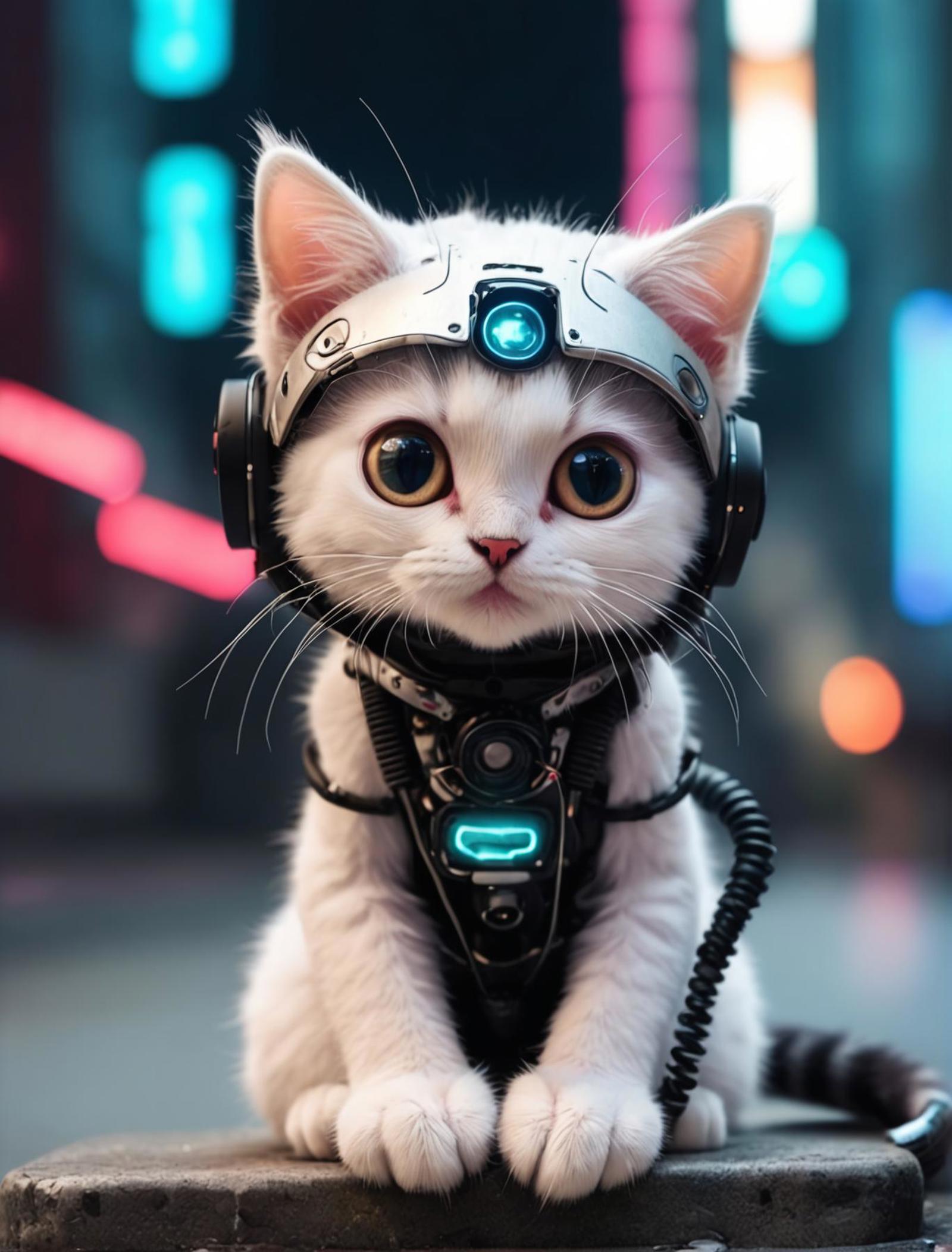 White Kitten Wearing Headphones and Staring at the Camera.