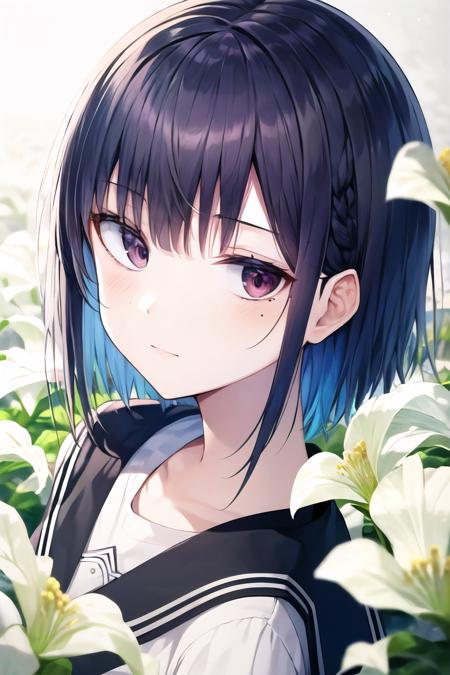 (high quality, high resolution:1.3), 4k, masterpiece,
BREAK
<lora:Fuwari_Style-19:1>, 1girl, upper body, medium hair, school uniform, white shirt, skirt, hair flower, flower, white flower, red eyes, black hair, detailed face, breasts, small breasts, eyelashes, mole under eye, multicolored hair, purple hair, <lora:NoiseOffset_v2:1.0>