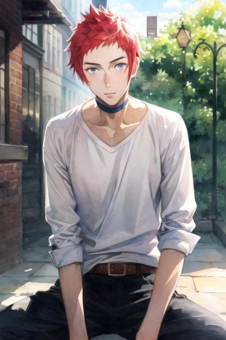 (best quality:1.1), (masterpiece:1.4), photorealistic, 1boy, solo, male focus, looking at viewer, , depth of field, (watercolor illustration, soft pastel colors:1.1), , <lora:welf_crozzo:0.86>, welf_crozzo, red hair, grey eyes, , , ,