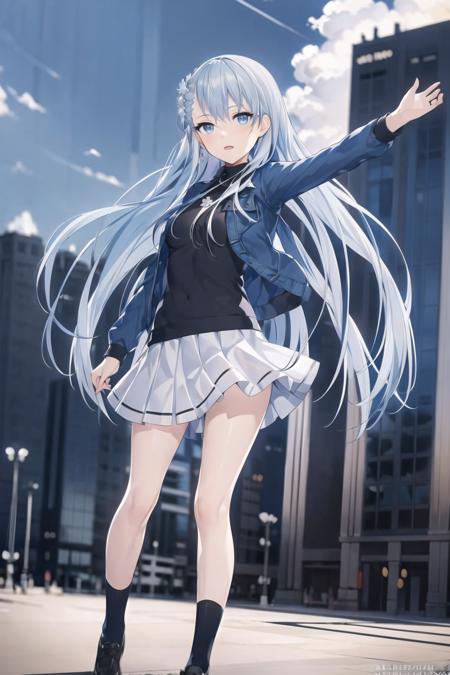 (best quality:1.1),(masterpiece:1.1),(illustration:1.1),(official art:1.1), look at cammera, front view,
city background, beautiful day sky,
1girl, solo focus, blue_hair, long hair, blue eyes, full body, standing ,dynamic pose, white skirt, black sock, black shoes,
(suzuna:1.2), <lora:suzuna:0.8>,