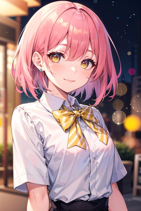 masterpiece, best quality, short hair, pink hair, close-up, yellow eyes, smile, small breasts, bowtie, white shirt, night, bokeh, outdoors,