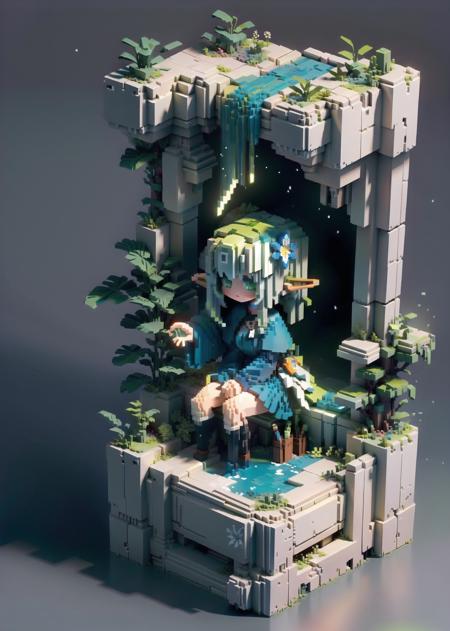 <lora:VOXEL:1>,
((masterpiece)),((best quality))
(concept art background \(Voxel\):1.6), (vbcb:1.6), 3d pixel art, (vpa:1.3), Voxel, 
masterpiece,best quality,(ray tracing,cinematic lighting),sunlight,
1girl,dark skin,wet clothes,full body, sitting, looking at viewer, solo, 1girl, elf girl, long hair, green hair, [green|blue] eyes, dress, white hair flower, hair ornament, wind, leaf, tree, forest