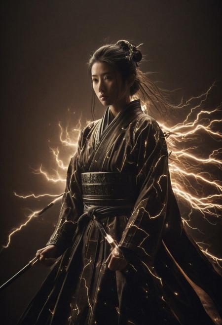 medium shot of japanese samurai geisha, beautiful , looking up, leather armour, silk robe, soft lighting, film grain, from above, upper body, epiCPhoto, BadDream,mad-lgthng,lightning
