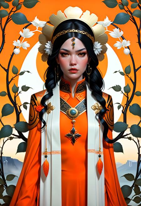 Inspired by Adam Hughes, the central figure is a warrior girl, European, a waterfall of dark hair draped in a fur coat, a wreath of flowers and branches on her head, clad in orange robes, an Orthodox icon, Savian style, a swirling floral and geometric background, intricate linear embellishments, feathers, gold, cool color palette, dramatic lighting, high detailing
futurism, 2d