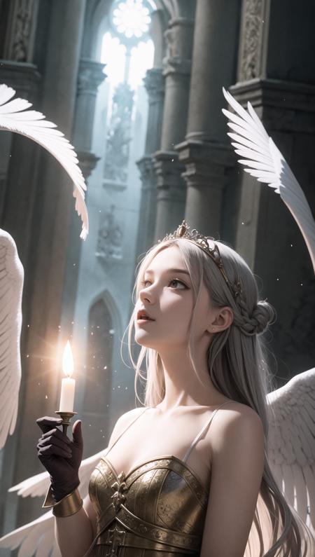 portrait, (bloody scars:0.7), looking up, solo, upper body, detailed background, (renaissance theme:1.1) benign, serene, light fantasy, cleric, casting light spell, sunshine, floating feathers, arms raised, Warm Gray clothes, gloves, magic candle, divine spell, mana, bright realistic lighting, marble castle in background, peaceful atmosphere, tiara of light hovering above head,