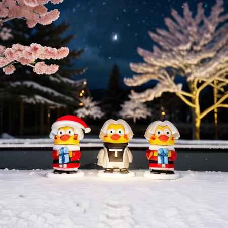 <lora:kunkun-HXZ:0.7>kunkun,three kun,Father Christmas,forest background,trench coat,exchange sequence,beautiful detailed sky, night, stars, (red plum blossom),(winter),(snowflakes), (red and white flowers)ï¼(starry sky),(sitting),((colorful)),scenery, lantern,(starfall),