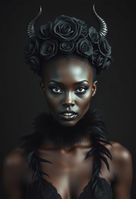 Medium shot, Symmetrical front view of a dark princess, African skin, dark sking, pale lips, vampire fangs, black roses abd horns headpiece, black feathers collar, standing pose, in the style of infernal fasion, otherworldly beauty, infernalpunk, queencore, ornamented age aesthetics, coal and black, photography studio style