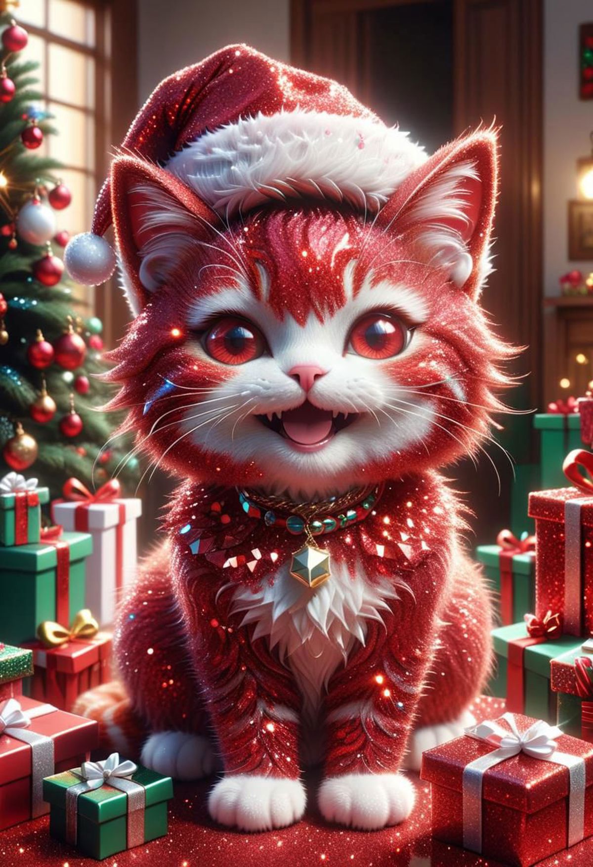 A red and white cat wearing a Santa hat and a green collar, sitting in front of a Christmas tree.