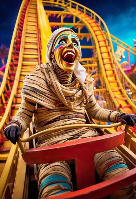 A hilarious and playful scene of an ((ancient mummy)) enjoying a thrilling roller coaster ride. The mummy, wrapped in tattered bandages, is shown grinning and holding on for dear life. The roller coaster is bright and colorful, with twisting tracks and loops that create a sense of excitement. The background shows a bustling amusement park, filled with screaming riders and various attractions, giving off an eerie yet entertaining atmosphere.