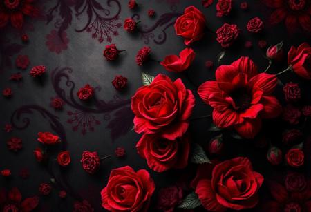 red floral ghostly Halloween spooky wallpaper, intricate patterns, dark gothic elements, high detail, eerie atmosphere, vivid colors, cinematic lighting, digital art, texture-rich, hauntingly beautiful design