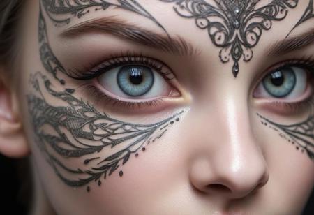 A Beautiful girl, wet big eyes, very long eyelashes, cat-like narrow highly detailed arrows, expressive eyes, expressive and pupils, glare and sparkle in the eyes, filigree symmetrical floral patterns-tattoos on the face, transformation, macro photography, haute couture, tenderness, noir, filigree details, metamorphoses of flowers, hyper-realistic, high quality, hyper-detailed, professional photo, red white pink tones, filigree, beautiful, body art of flowers, transparency photo, professional movie, professional picture, ultra detailed, ultra realistic, cinematic, sharp focus, bright light