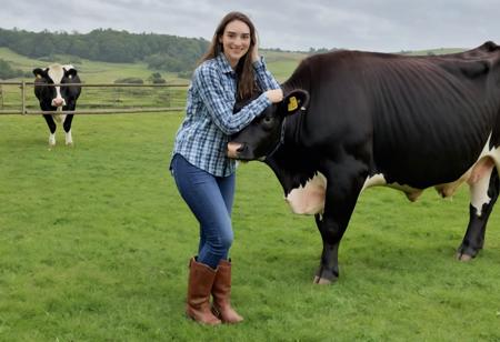 stunning medium shot photo of beautiful abby_shapiro on a farm, standing next to a (cow), wearing a plaid shirt, large breasts, cinematic lighting, bokeh, <lora:abby_shapiro_20:0.85>