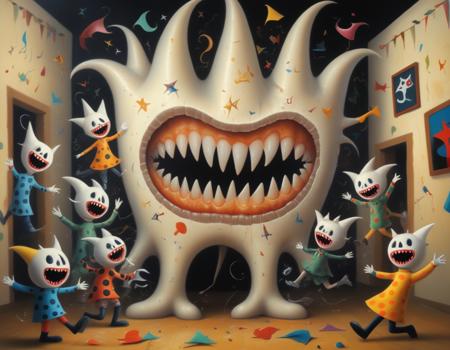 A surrealist oil painting inspired by Joan Miró's Carnival of Harlequin, (made_from_teef:1.4), featuring whimsical, biomorphic figures celebrating in a chaotic room filled with motion and rhythm, but each character wears a grotesque tooth mask or displays exposed fangs. The joyful palette and animated lines contrast with the unnerving presence of dental anatomy, blending festivity and fear. masterpiece, high quality, realistic, fantasy concept art, dramatic angle, surreal humor, soft and volumetric lighting, translucent effects, sharp focus, vibrant colors, intricate and detailed, trending digital art, perfect composition.