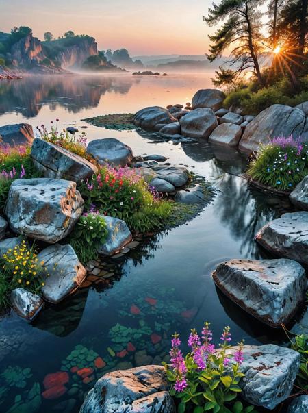 Breathtaking photography. A large, bustling harbor. Misty dawn with soft light. A rocky outcrop with wildflowers in foreground.  Wide delta with branching streams  in background. Award-winning, professional, highly detailed.  <lora:MJ52:0.5> <lora:RMSDXL_Darkness_Cinema:1> (HDR (High Dynamic Range), vibrant colors, high contrast, detailed, UltraHD, 8K, cinematic, 80mm, high detail)