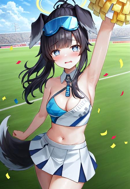 masterpiece, perfect face, (thick lines:1.0), (ultra-detailed:1.2), (oil painting:0.9), (extremely detailed CG unity 8k wallpaper:1.2), soft lighting, hibiki, 1girl, halo, bright pupils, ponytail, (dog ears:1.05), cheerleader, goggles on head, blue goggles, (star sticker, sticker on face:0.95)
crop top, (criss-cross halter:0.95), (wing collar:1.30), white miniskirt, pleated skirt, (dog tail:1.1), [(large breasts:1.1)|(medium breasts:1)]
(holding pom pom \(cheerleading\),:1.095) 
embarrassed, wavy mouth, blush
BREAK
(tearing up:0.8), cowboy shot, one arm up, armpits, sticker on arm
stadium, outdoors, confetti, sky, grass <lora:chara-hibiki-v3:1>